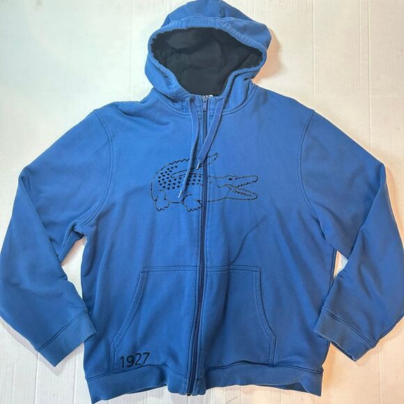 Lacoste Sport Big Logo Full Zip Hoodie Blue Mens Large L Size 6 Black Crocodile - Picture 1 of 4